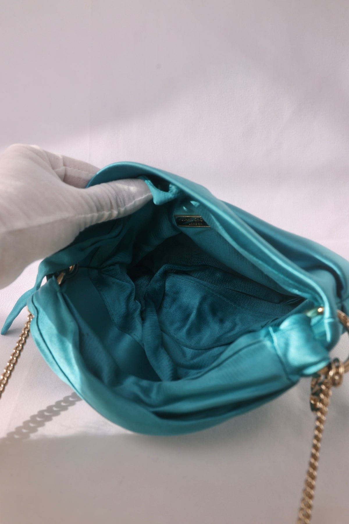 Jimmy Choo Ruched Satin Chain Pouch Bag - Blue