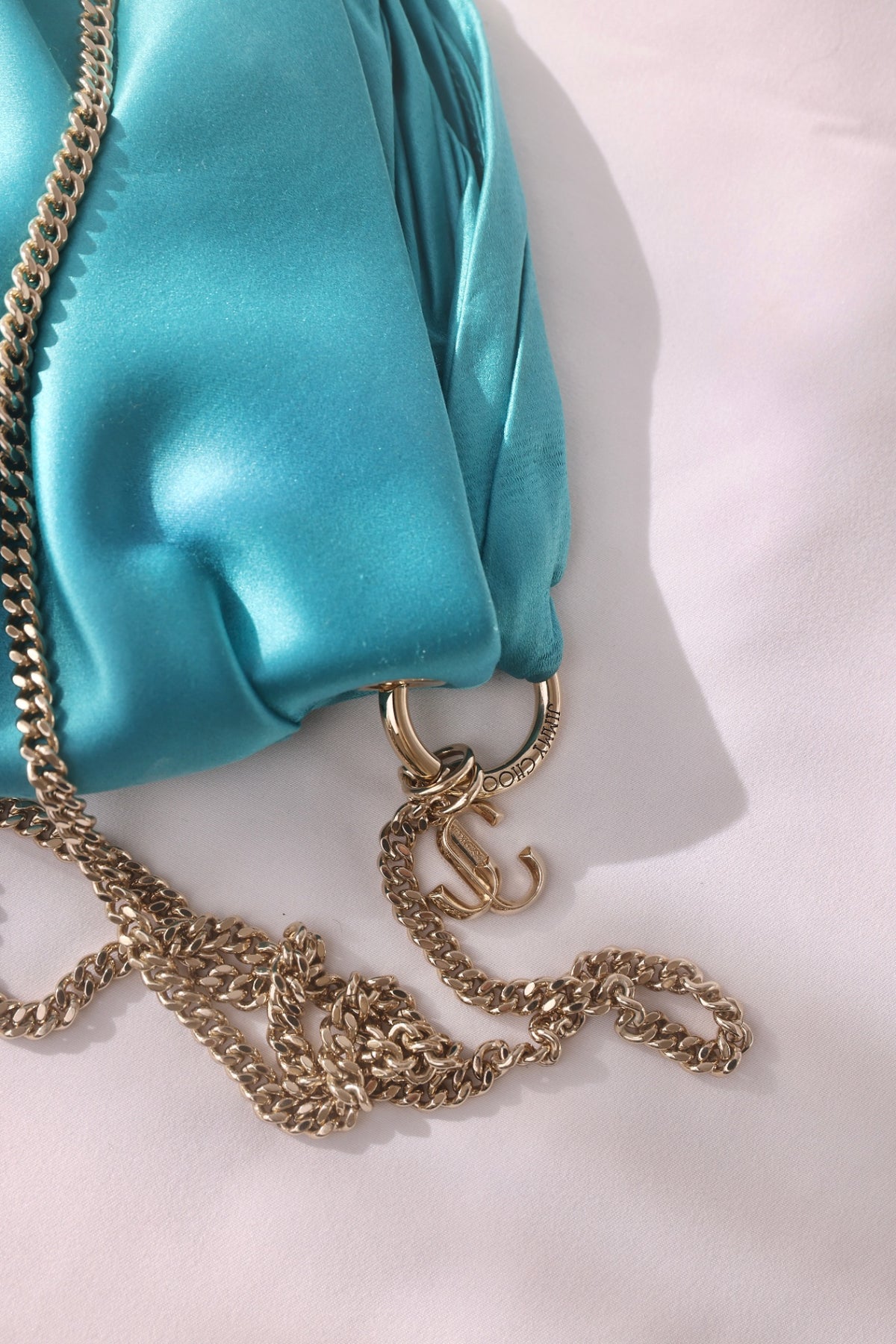 Jimmy Choo Ruched Satin Chain Pouch Bag - Blue