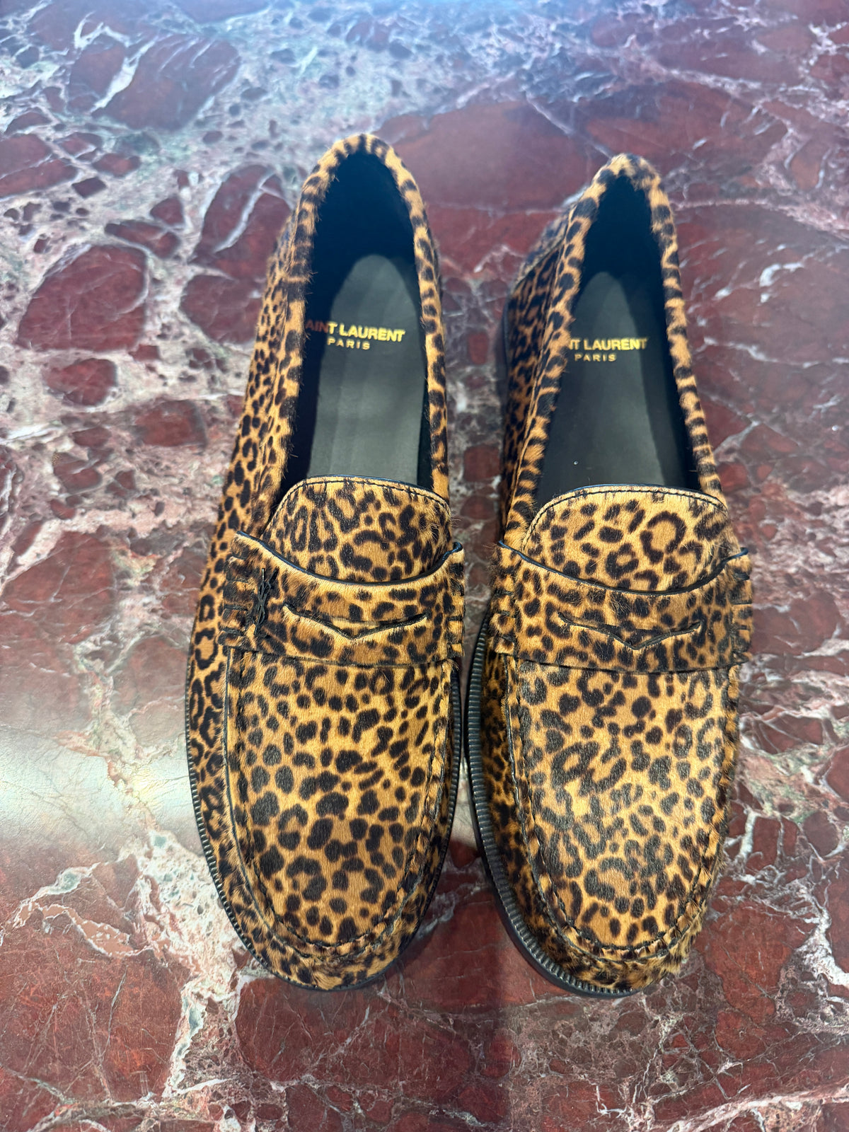 Saint Laurent Leopard Print Calf Hair Penny Loafers in 39