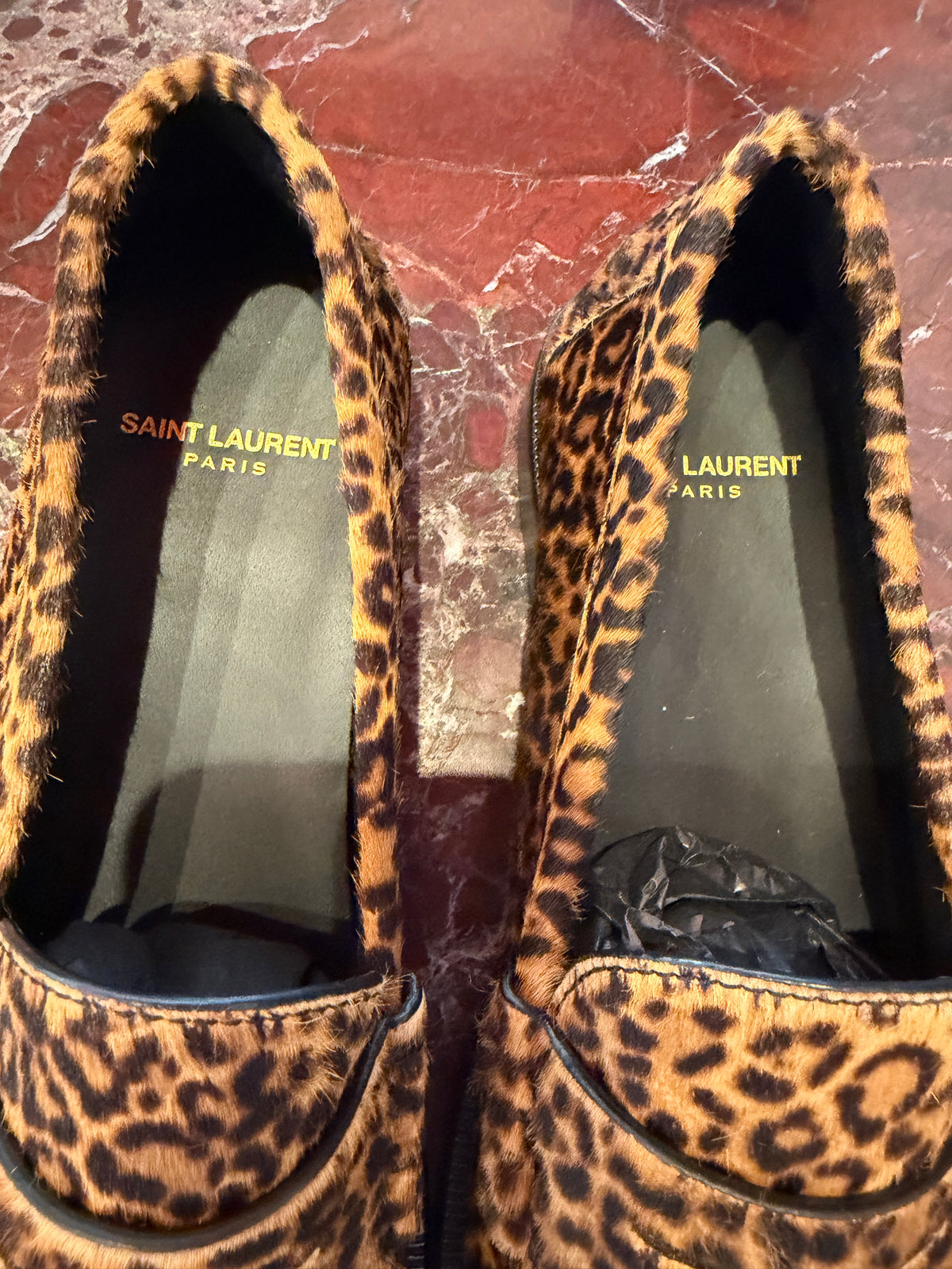 Saint Laurent Leopard Print Calf Hair Penny Loafers in 39