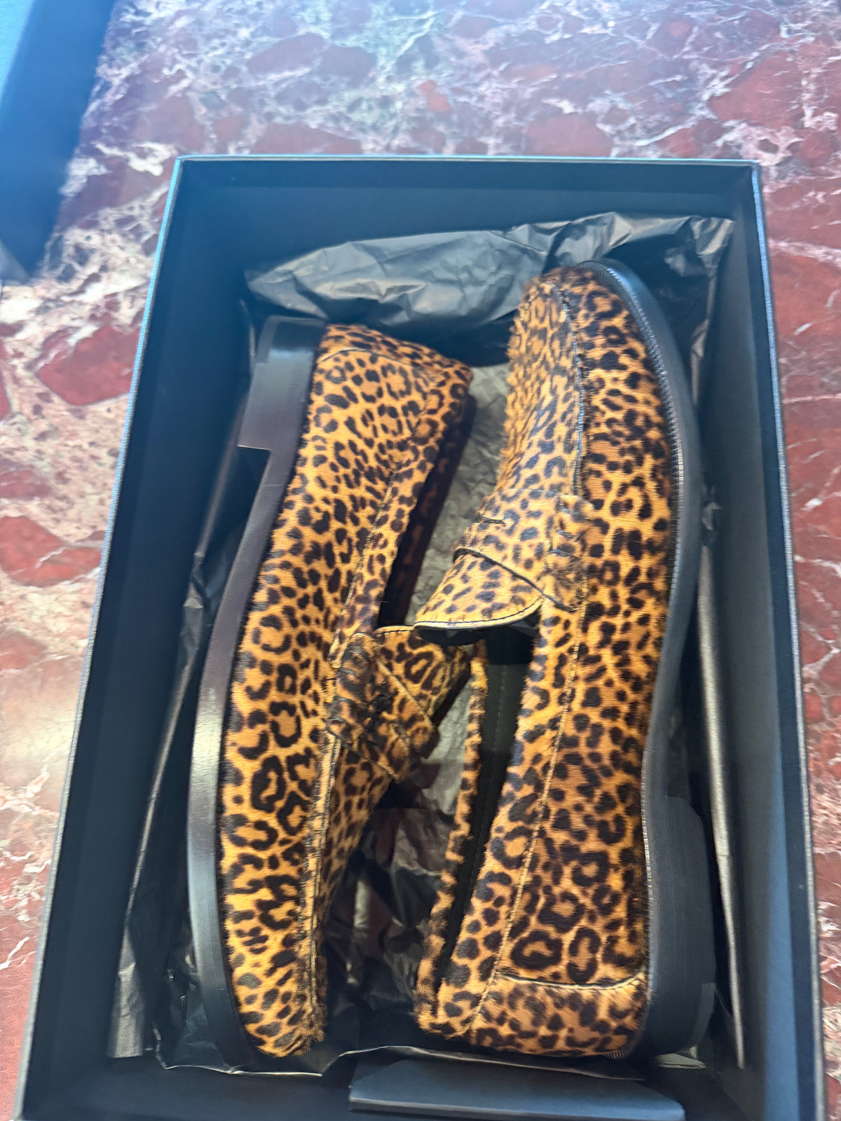 Saint Laurent Leopard Print Calf Hair Penny Loafers in 39